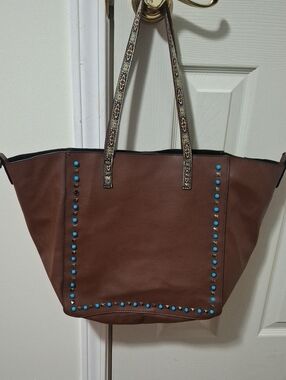 Brown Tote with Turquoise and Silver Stud Accents